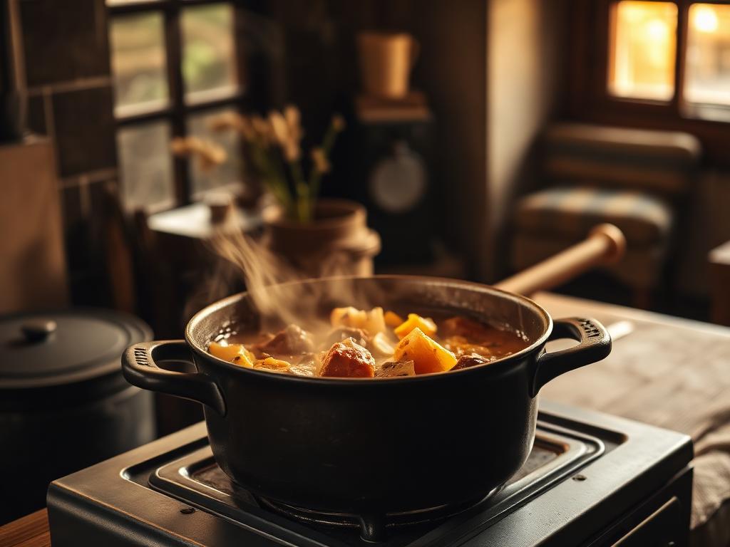 Vlaamse stoofpot die zachtjes staat te pruttelen op een oud fornuis