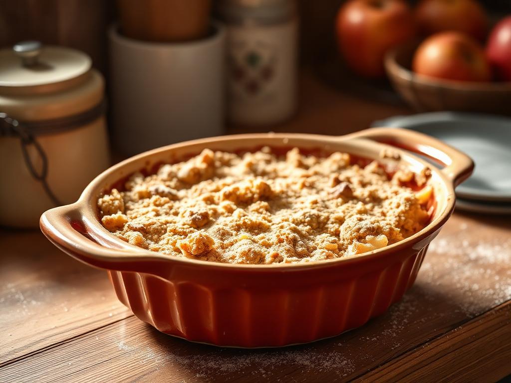 Zelfgemaakte appelcrumble in een aardewerken schaal op een keukenblad